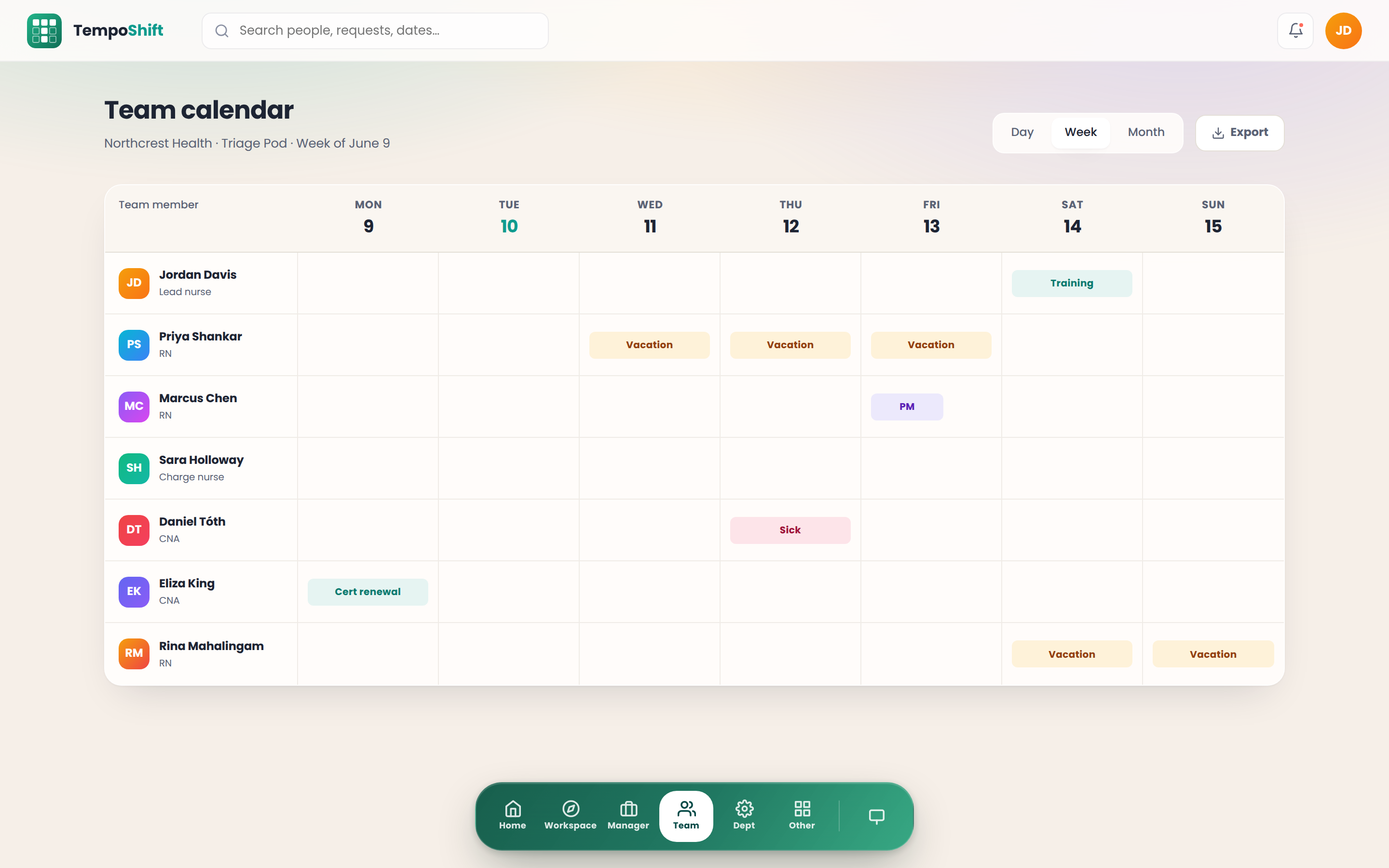 The TempoShift team calendar showing one week for the Triage Pod team with seven members and color-coded blocks for vacation, sick days, training, and shift swaps