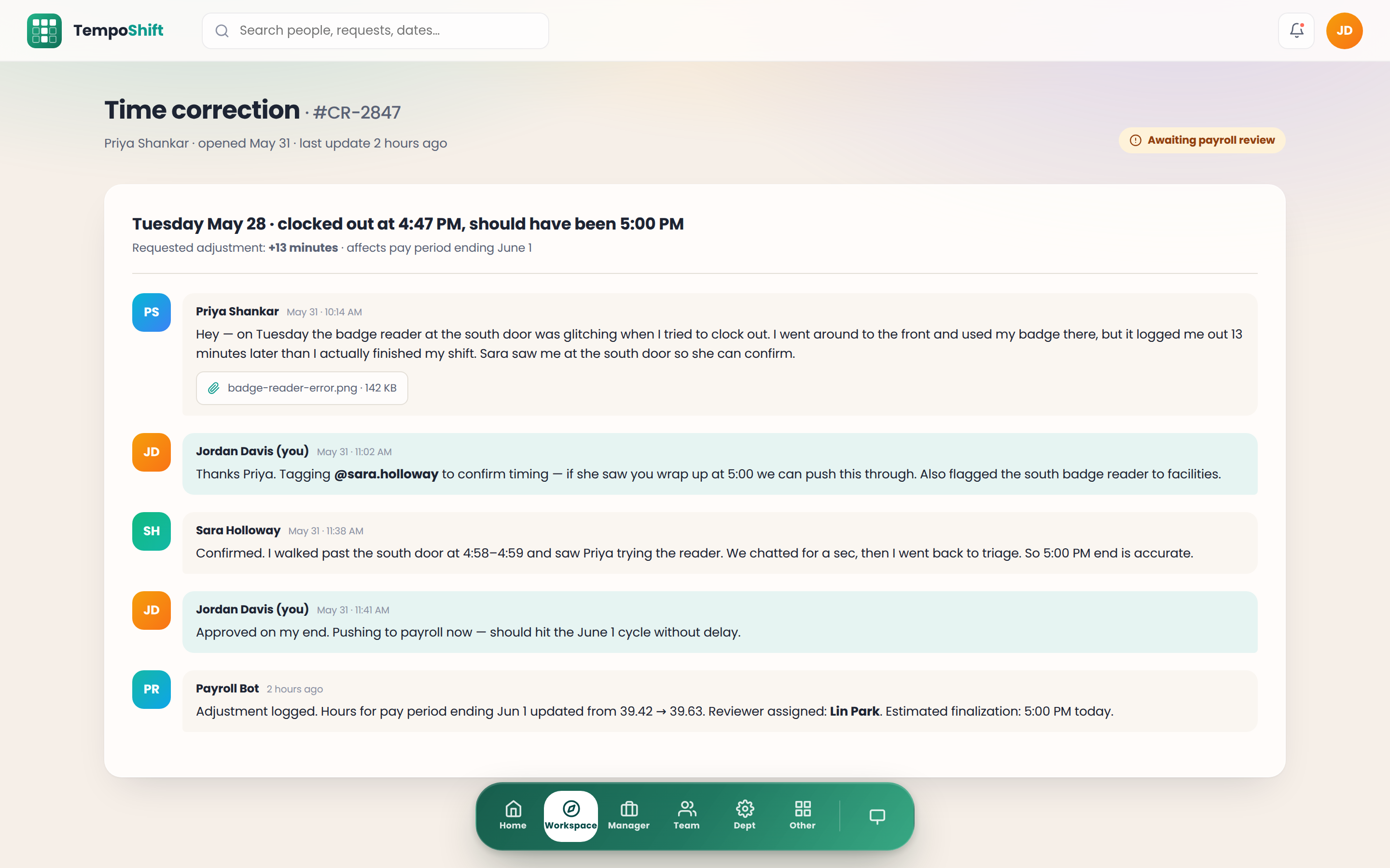 A TempoShift time correction thread between an employee, manager, and payroll bot showing five messages, a screenshot attachment, and the awaiting-payroll status