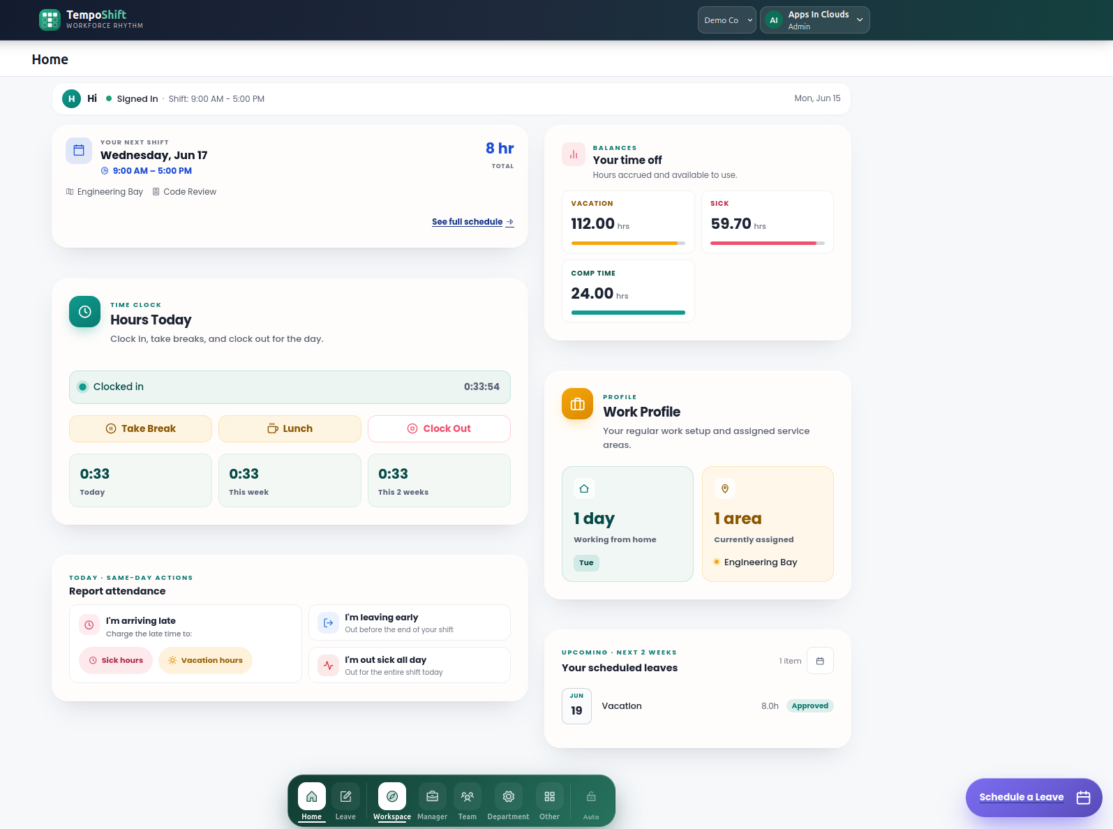TempoShift home dashboard with onboarding checklist, time-off balances, next shift, time clock, work profile, and approved upcoming leave